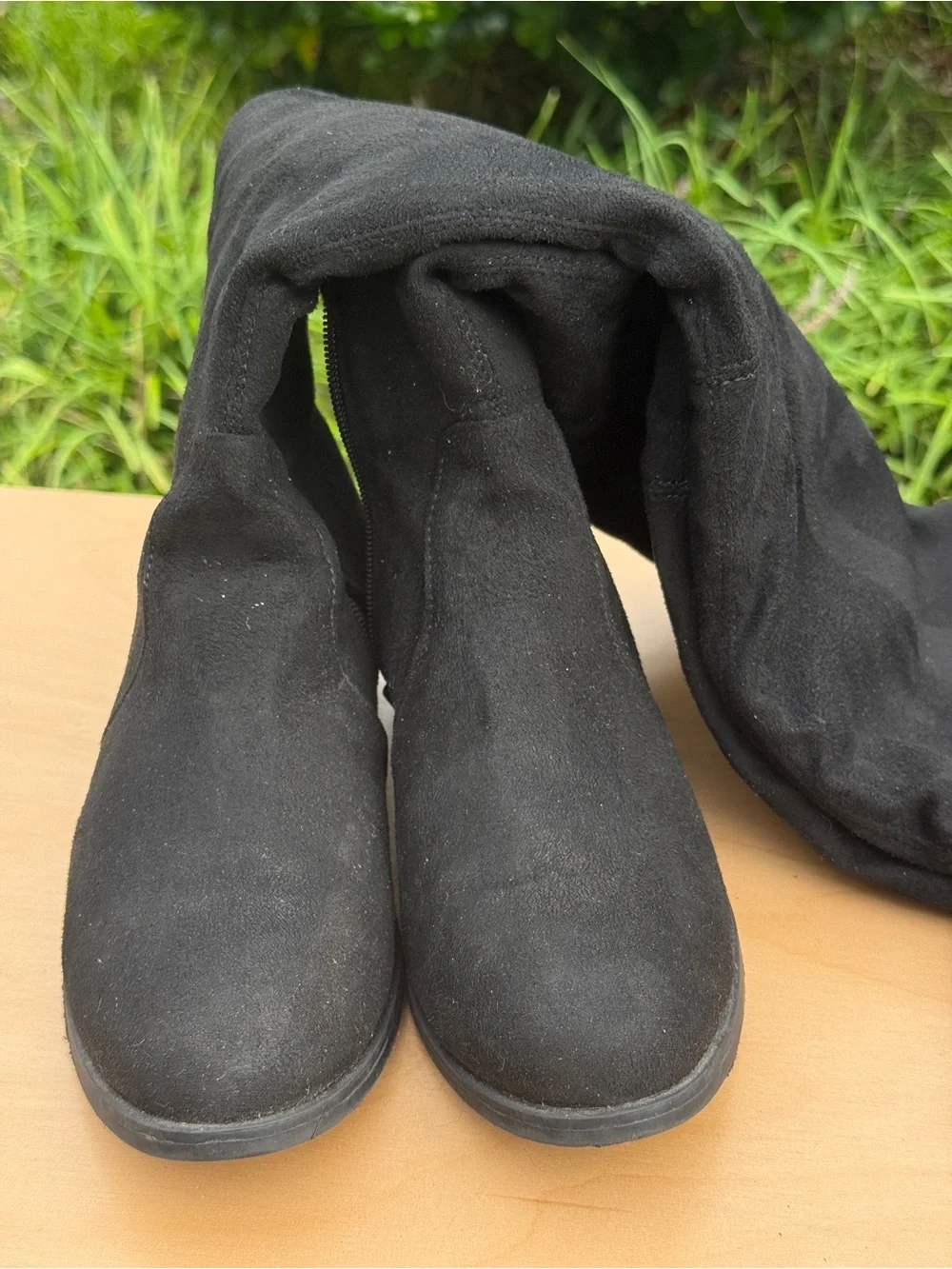 Black Faux Suede Over The Knee Boots Flat Block Heel Tie Back Women's 7.5